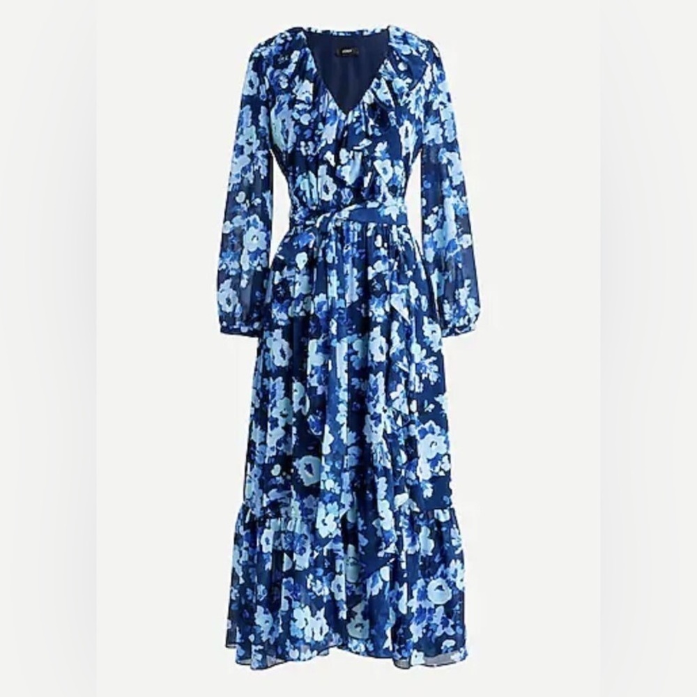 NEW J.Crew‎ Size 2 Watercolors Begonia Blue Floral Faux Wrap Midi Dress - Picture 4 of 16